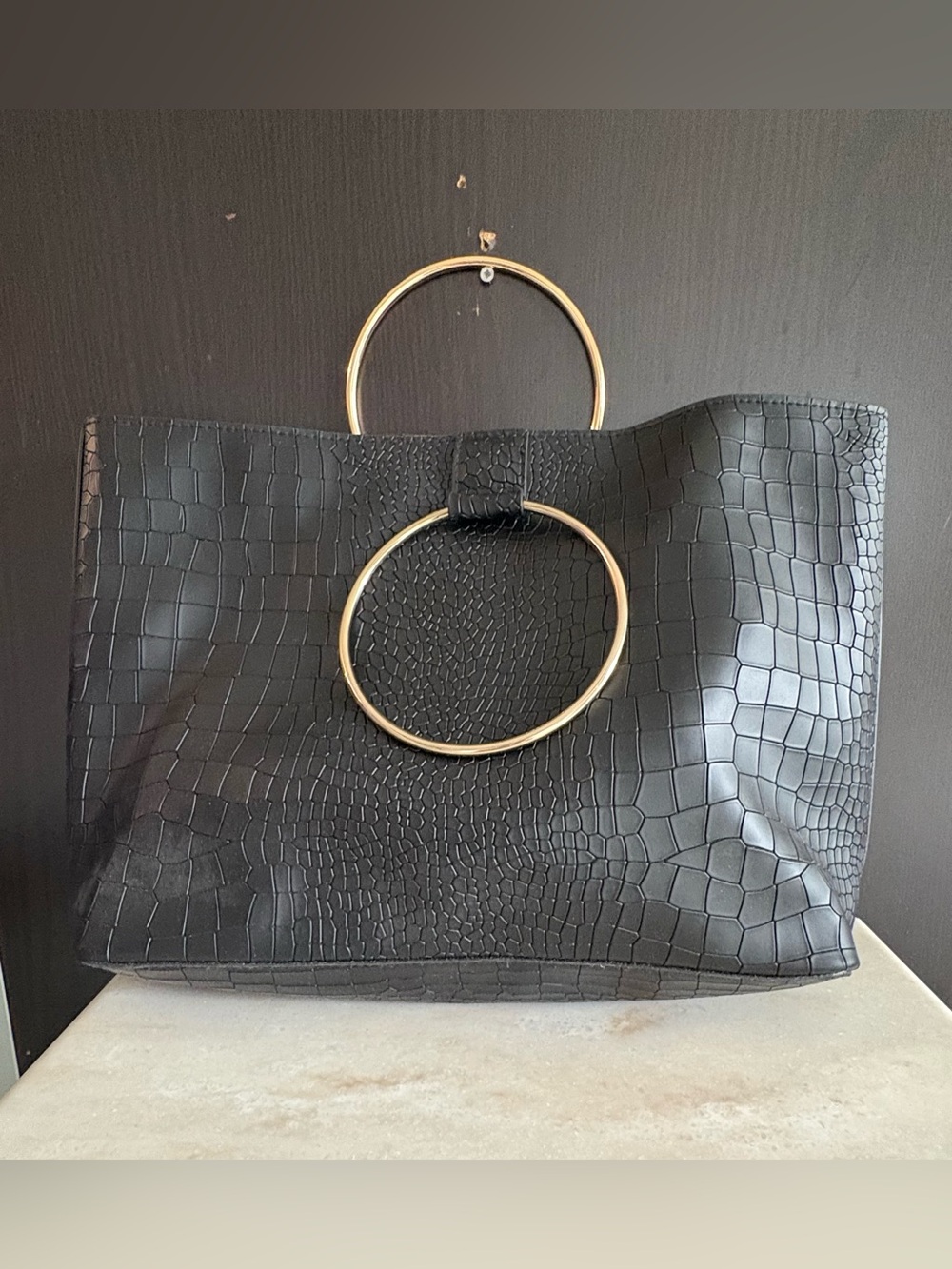 Black Croc-Embossed Tote Bag with Gold Ring Handles